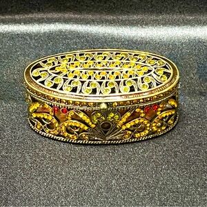 Vintage Oval Swarovski Crystal Brass Enamel Trinket Box